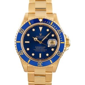 Blue Dial Rolex Submariner 16618 Yellow Gold Oyster