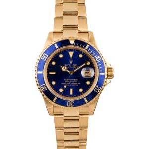 Pre Owned Rolex Submariner 16618 Blue Dial 18K Yellow Gold