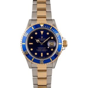 Pre Owned Rolex Two Tone Submariner 16803 Blue Dial