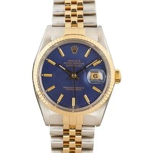 PreOwned Rolex Two Tone Datejust 16013 Blue Index Dial