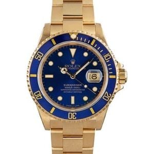 Blue Dial Rolex Submariner 16618 Yellow Gold Oyster