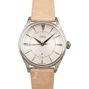 Ladies Oris Artelier Date Silver Diamond Dial & Leather Strap